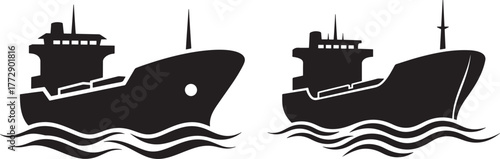 Two cargo ships sailing on wavy water silhouette