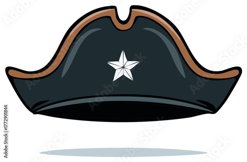 Illustration of a classic dark tricorn hat with brown trim and a prominent white star emblem, historical costume accessory