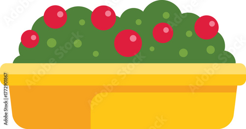 Lingonberry bush with ripe red berries growing in a yellow pot, representing gardening, berry production, and homegrown food