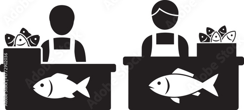 Fishmonger stalls with people and fish silhouette