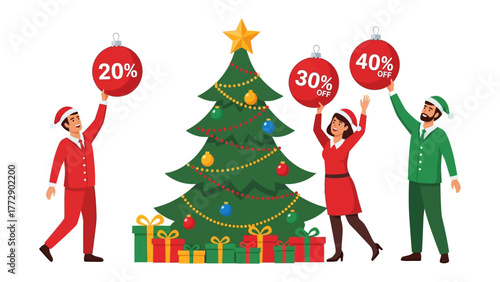 Holiday Season Sales: Joyful people with santa hat decorate the christmas tree with discount ornaments