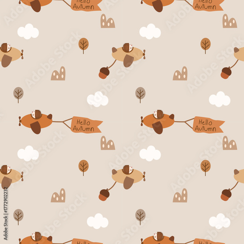 Hedgehog in airplane cartoon so cute. On tree mountain cloud acorn flag background. Pattern seamless vector illustration. Hello autumn. 
