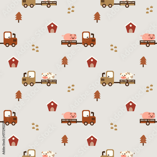 Tractor truck pig and cow cartoon so cute. On tree house grass background. Pattern seamless vector illustration. 