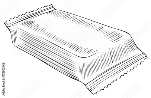 Hand drawn illustration of a sealed rectangular food bar packaging with a crimped edge