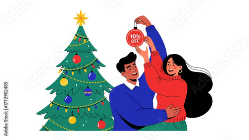 Festive discount: A couple adding a festive decoration on a Christmas tree.