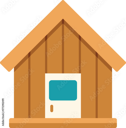 Simple wooden house with a blue door standing on a white background