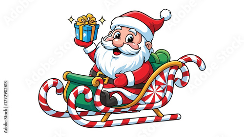 Jolly Santa's Christmas Journey: A festive illustration of Santa Claus, beaming with a smile, joyfully rides his sleigh filled with presents.