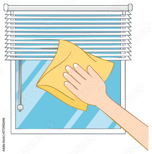 Illustration of a hand with a yellow cloth wiping a glass window with blinds