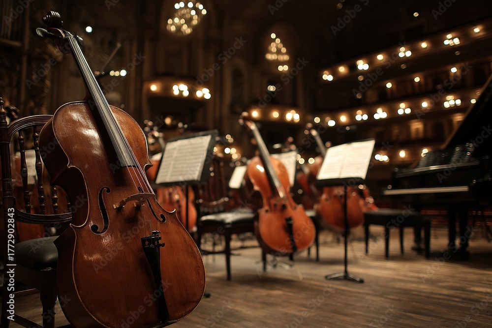 Fototapeta premium Cello resting on stage before orchestra performance