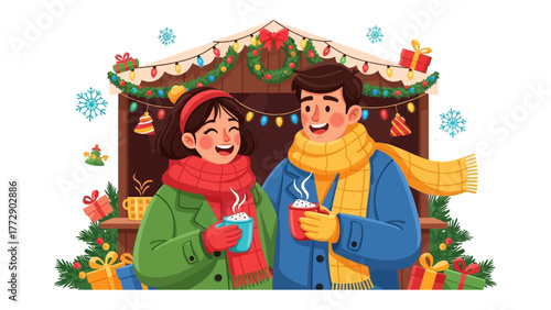 Cozy Winter Market Moment: A loving couple shares a moment of warmth and joy at a festive winter market. The image evokes the enchantment of the season.