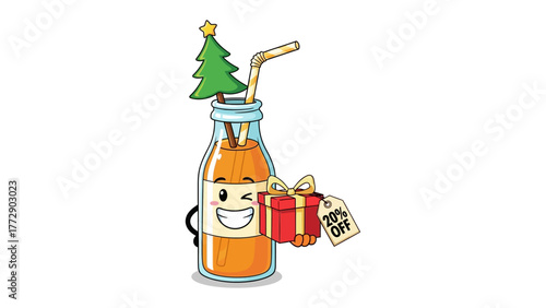 Festive Fruit Drink Delight: A cheerful drink with a delightful Christmas tree and a present on display, creating an atmosphere of joy and celebration. 