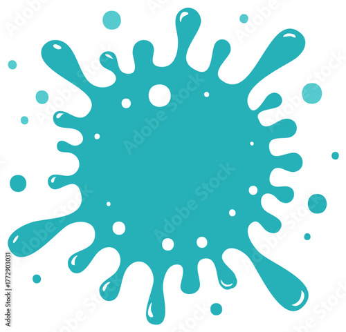 Vibrant Teal Water Splash with Droplets and Bubbles Creating Abstract Decorative Element