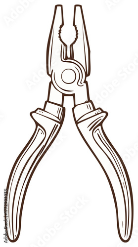 Drawn Pliers Illustration of Hand Tool for Gripping and Cutting with Insulated Handles and Pivoting Jaws