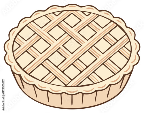 Homemade baked pie vector graphic featuring lattice pastry crust and scalloped edge, delicious autumn dessert design.