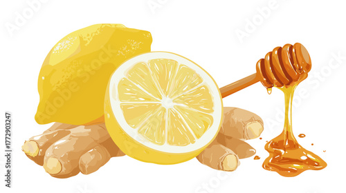 Vector illustration of lemon cut in half, ginger and a honey stick with dripping honey