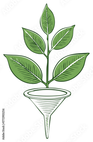 Green sapling with leaves growing from a funnel in a vintage woodcut illustration style