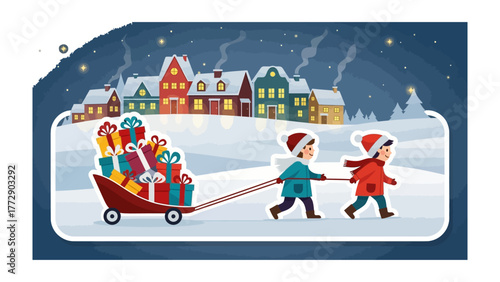Christmas Gift Delivery: Two children joyfully pulling a sled overflowing with festive gifts through a winter wonderland, creating anticipation of the upcoming holidays. 