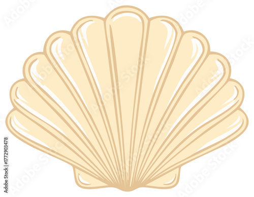 Stylized Illustration of a Cream-Colored Scallop Shell with Ribbed Texture