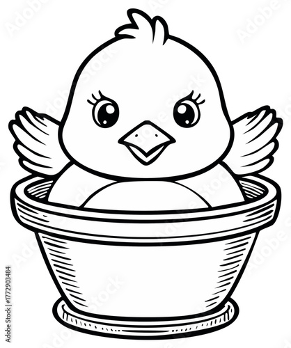 Cute cartoon chick in a bowl, a sweet illustration of a baby bird for kids or springtime themes.