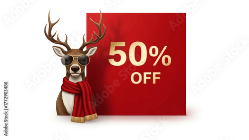 Cool Deer's Discount: A trendy deer with sunglasses and a scarf presents a vibrant discount offer, 50% off on a red backdrop.