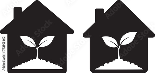 Two houses with growing plants silhouette