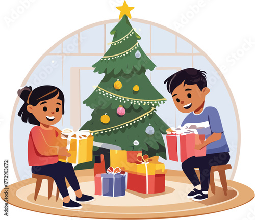 Joyful Children Opening Christmas Presents Under Tree Vector