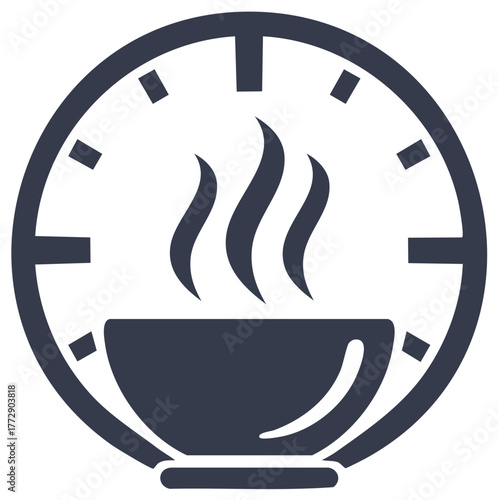 Clock face with steaming bowl of food icon representing mealtime or food service hours