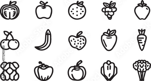 Fruits and Vegetables Line Art Icons Set — Minimal Black Outline Vector Collection
