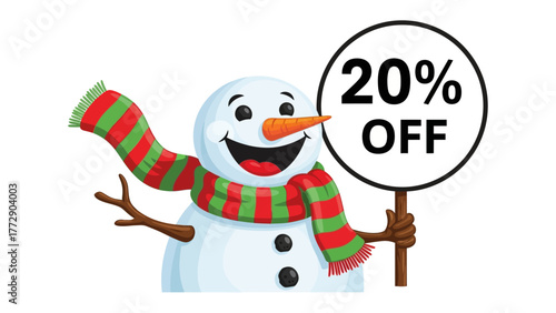 Cheerful Winter Deal: A jovial snowman brandishes a sign offering a generous 20% discount. Perfect for winter sales and holiday promotions!