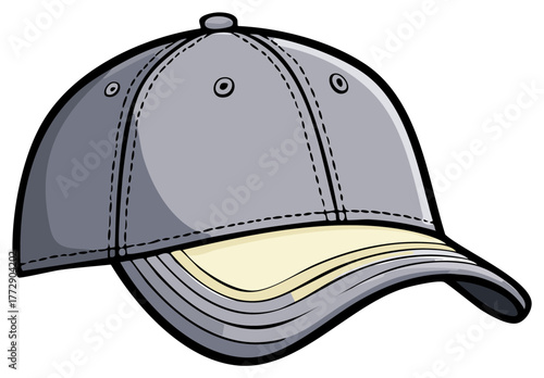 Classic grey baseball cap with a curved visor in a cartoon illustration style