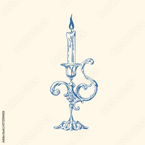 Hand drawn candle illustration. Vintage chandelier sketch. Candle clip art. Candle doodle. Line art, ink, minimalist style. Candles burning. Candelabra and candlestick. Ink sketch set isolated. Retro