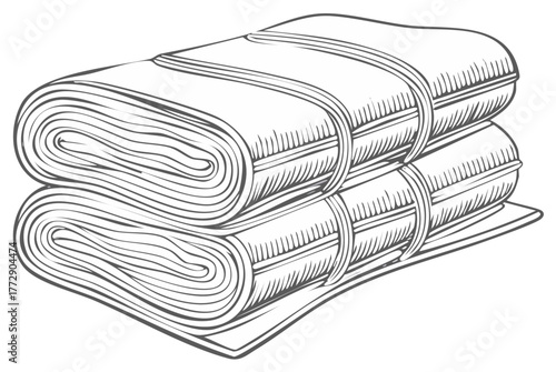 Detailed monochrome line artwork displaying two stacked textile rolls bound with strips, reminiscent of freshly laundered fabrics.