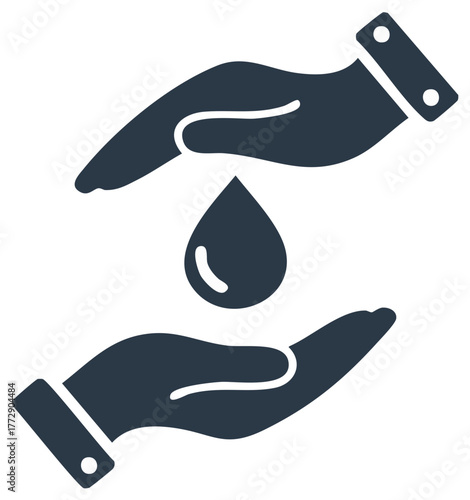 Protecting liquid icon, two hands cupping a drop symbol, conservation gesture, donation illustration, eco awareness graphic, simple conceptual artwork