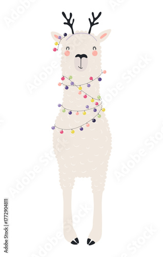 Llama with antlers, decorated with Christmas light isolated on transparent. Hand drawn flat vector illustration. Cute cartoon character. Traditional Christmas, New Year design element, clip art
