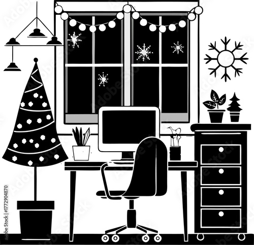   Home office interior for Christmas vector silhouette