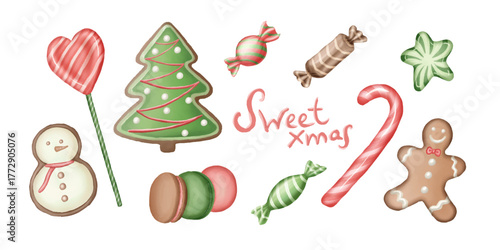 Hand drawn Christmas sweets collection with gingerbread man, candy cane, tree cookie, and festive treats in red, green, and brown tones, perfect isolated design elements for holiday projects