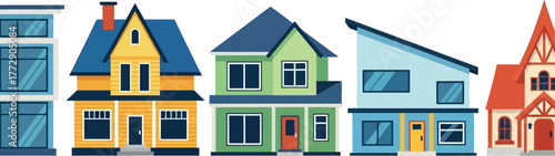 A diverse collection of colorful houses illustrates the variety of residential architecture.