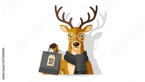 Clever Deer Shopping with Discount: A sophisticated deer with spectacles and scarf, holding a shopping bag with a tempting discount offer, making retail look classy and fun.