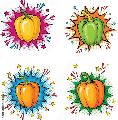 pop art bell pepper fun burst vector clip art on white background