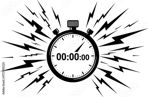 A stopwatch with radiating energy lines signifies urgency and the passage of time.