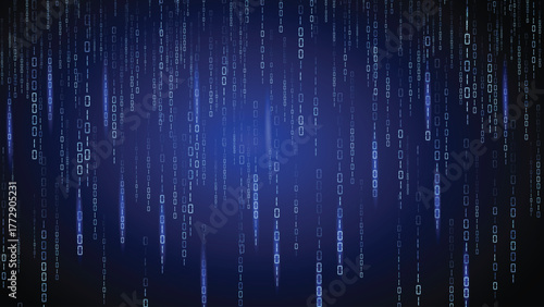 Binary numbers fall like digital rain on a blue background. Futuristic cyber stream, abstract tech pattern, software code, matrix effect and information security design. Vector illustration