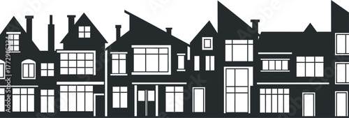 A silhouette of diverse building facades creates a cityscape pattern against a white background.