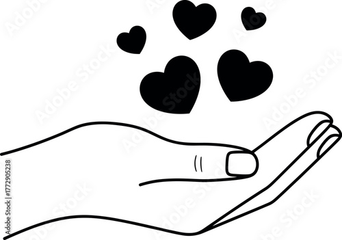 A delicate hand gently cradles a cluster of floating hearts, symbolizing love and care in a simple, graphic illustration that conveys warmth and affection.