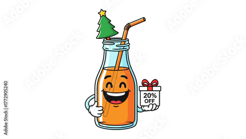Festive Drink's Offering: A cheerful juice character, decorated for a holiday, extends a gift box with a enticing discount. A fun and bright illustration for festive beverage promotions.