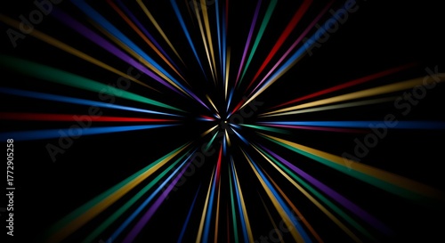 Abstract colorful light trails creating speed effect on black background for technology design.