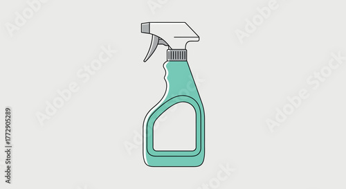 A simple, clean illustration of a turquoise spray bottle with a white label and gray sprayer sits against a light gray background, suggesting household cleaning supplies.