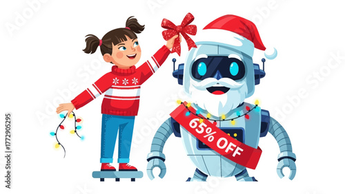 Holiday Gifting: An animated young girl and a robot celebrate the festive season with a bow on robot head, set against a cheerful backdrop of Christmas lights and a cheerful 65% OFF banner.