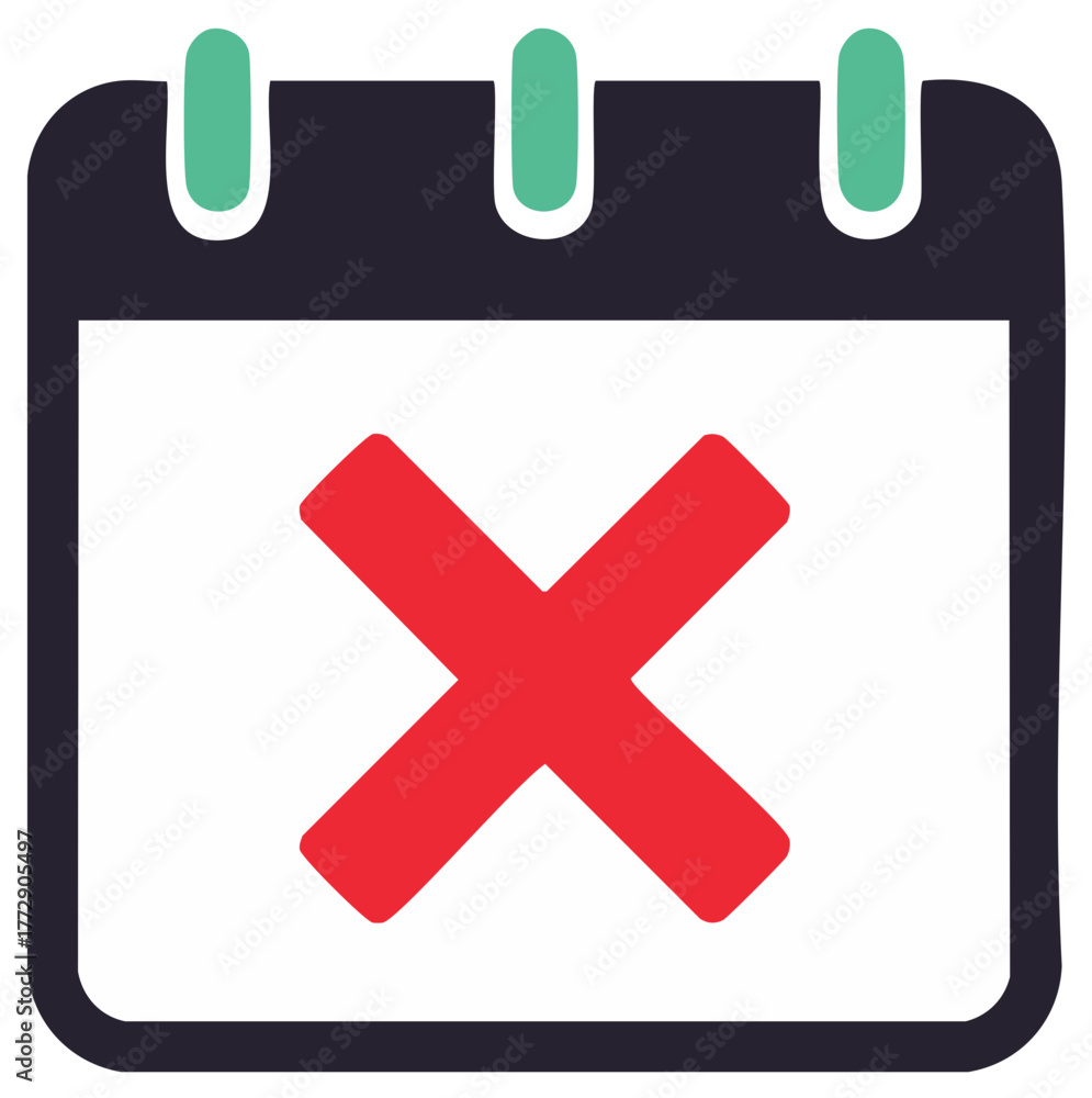 Fototapeta premium Calendar Page with Red X Mark Indicating Canceled, Postponed, Not Available Date, Icon Sign in Simple Graphic Style