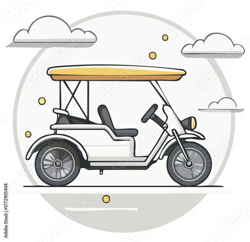 Stylized illustration of a white three wheeled motorized vehicle with clouds in the background