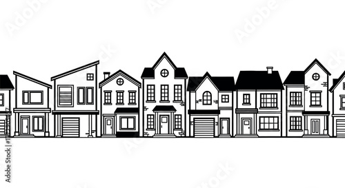 A black and white illustration depicts a row of diverse suburban houses with varying architectural styles lined up against a white background.